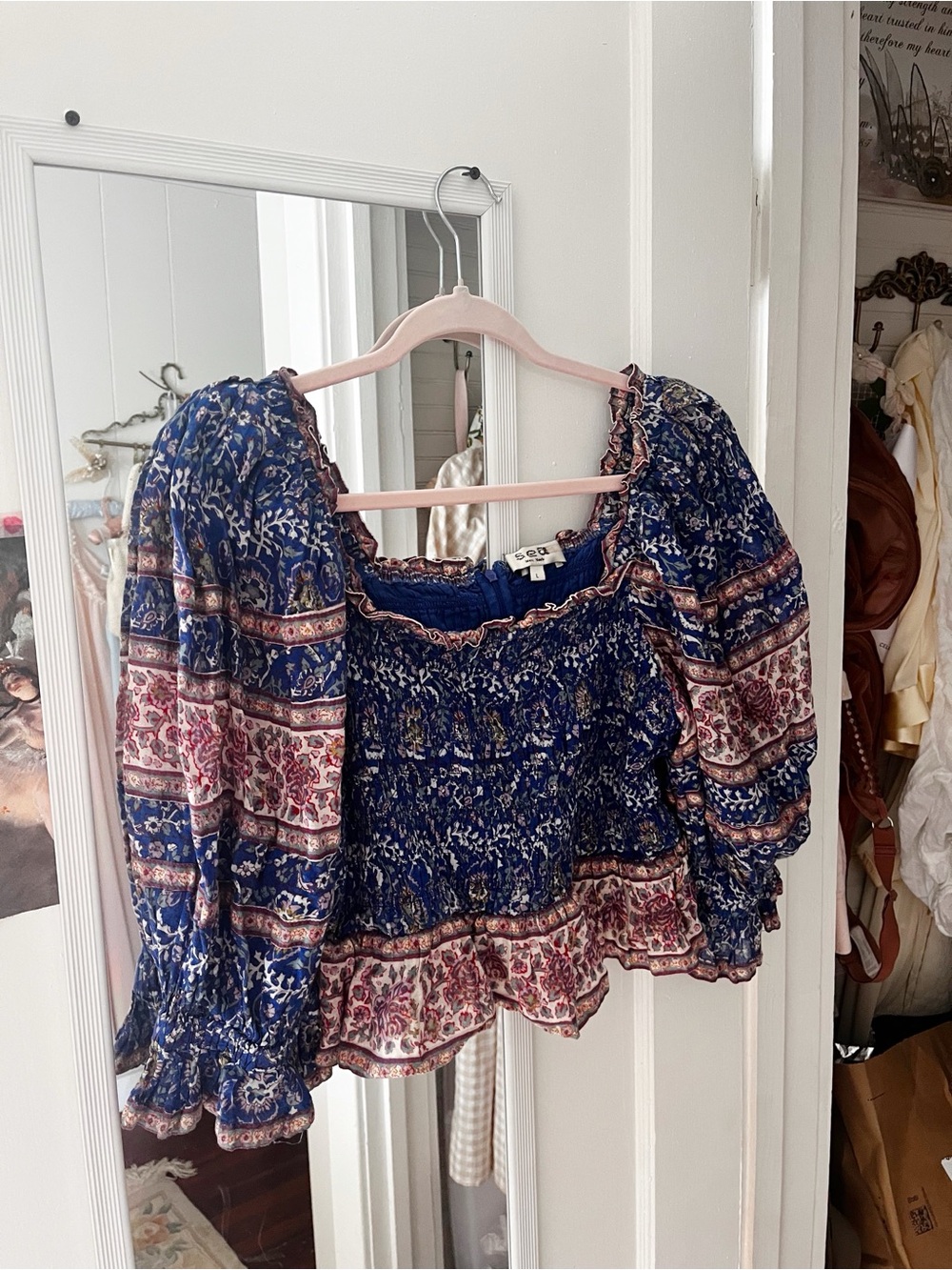Sea NY Floral Smocked Peasant Top in Navy Sea New York